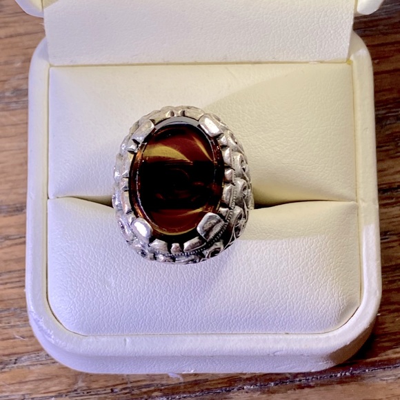 Vintage Other - BANDED AGATE PEWTER RING SIZE ADJUSTABLE 8